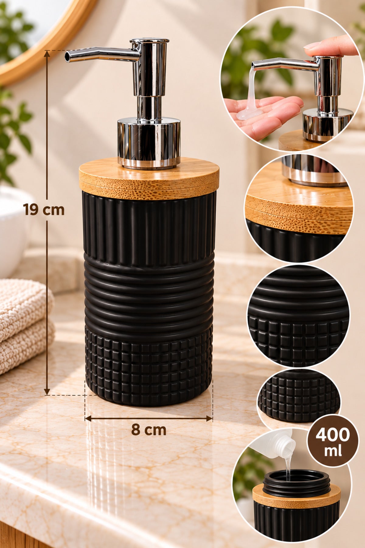 400 ml Bambu Kapaklı Sıvı Sabunluk, Desenli Seramik, 8x19 cm