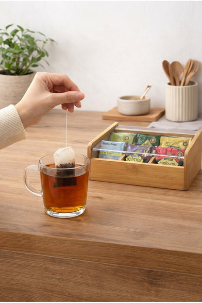 Bambu Çay Kutusu Şeffaf Kapaklı Poşet Çay Saklama Organizatörü Bölmeli Tea Box