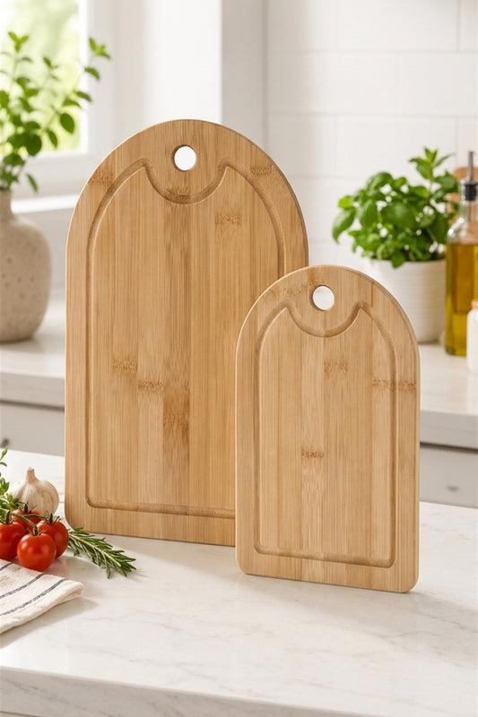 2’li Bambu Kesme Tahtası Seti, Klasik Köşe Kavis Model, 32x22 cm & 25x16 cm – Kemer