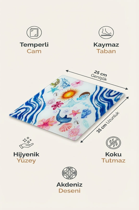 Cam Kesme Tahtası Kırılmaz Temperli 25x35 cm Akdeniz Desenli Cam Kaymaz