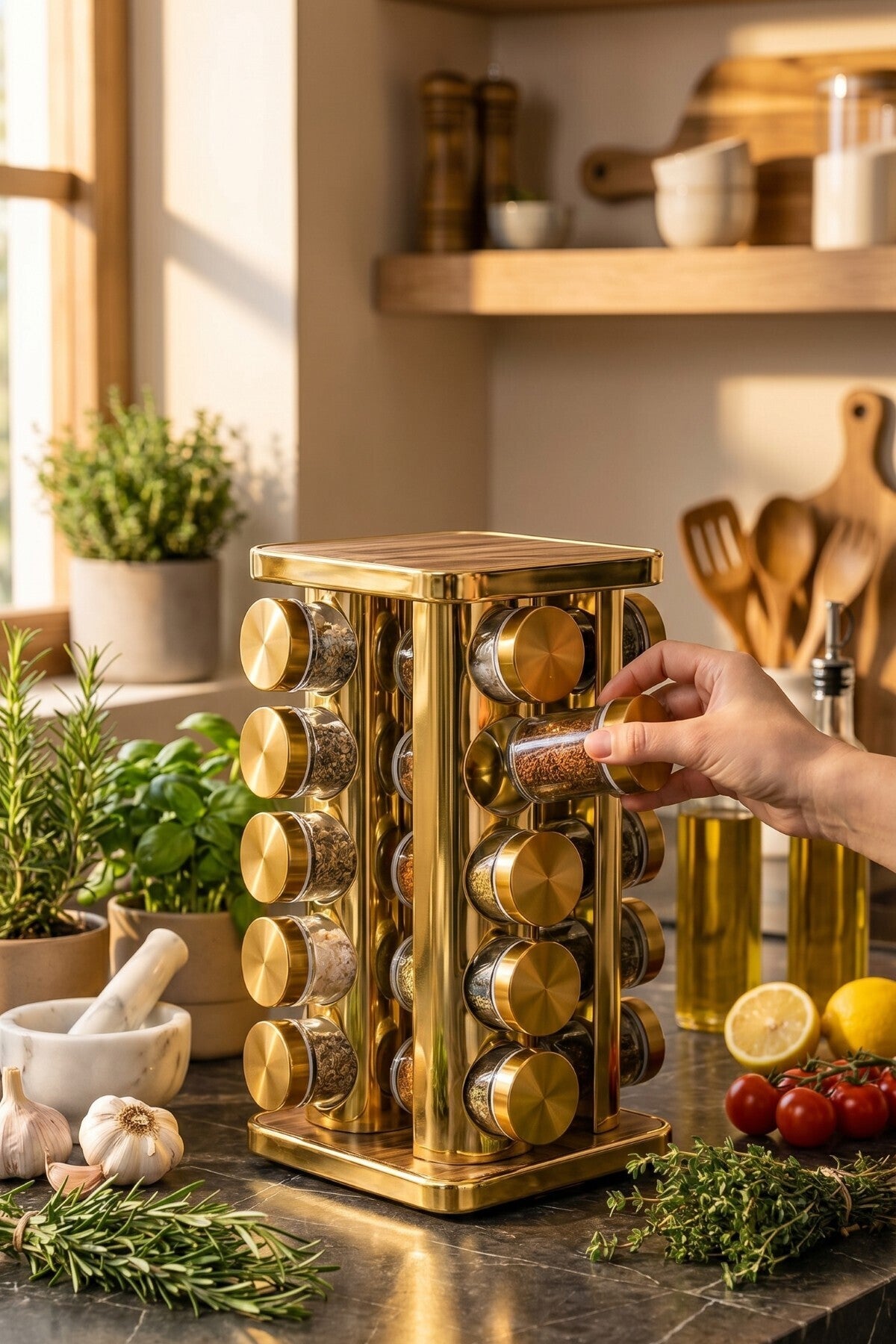 20’li Ahşap Desenli Gold Kare 360° Döner Standlı Baharatlık Cam Kavanoz Seti 118 ml