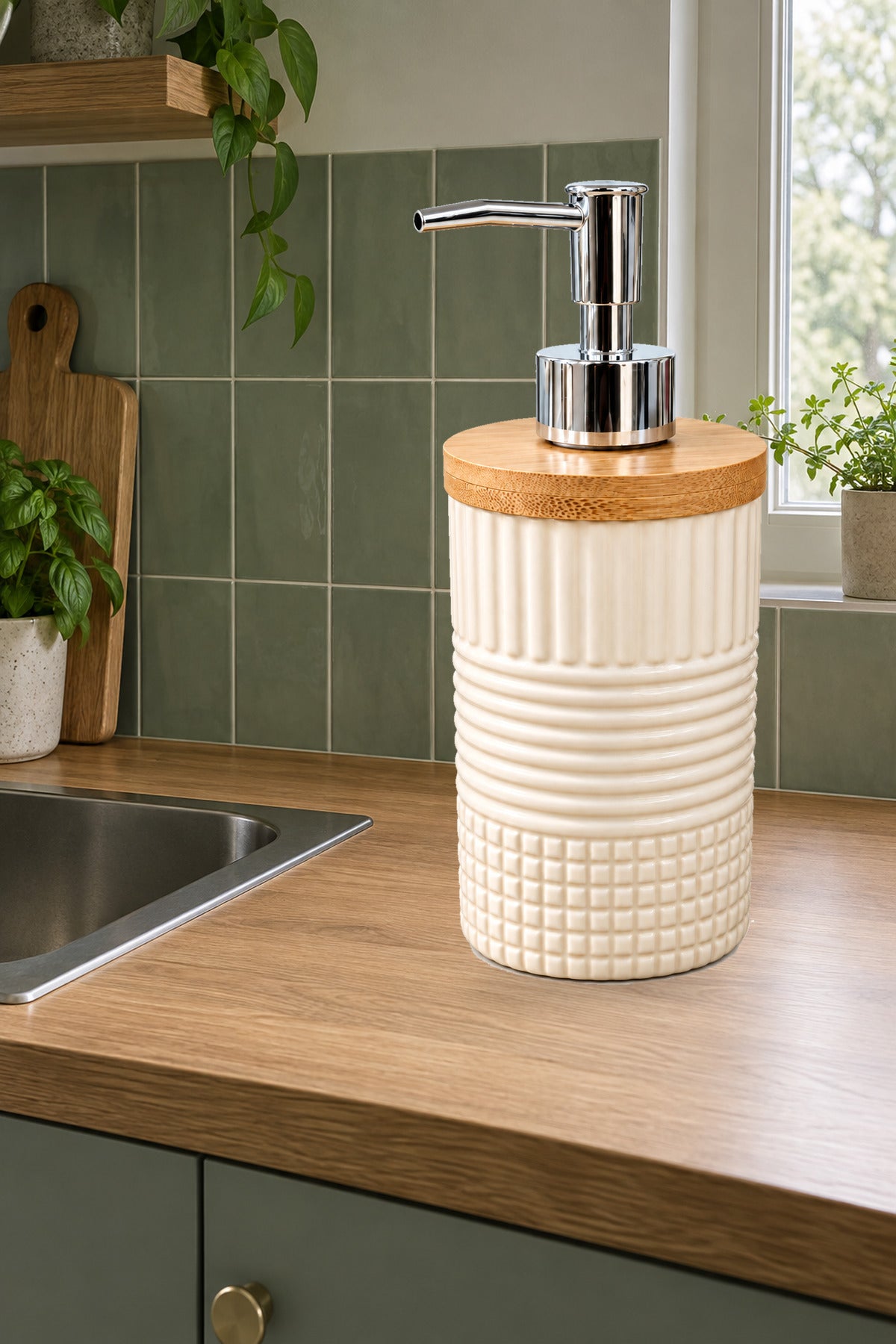 400 ml Bambu Kapaklı Sıvı Sabunluk, Desenli Seramik, 8x19 cm