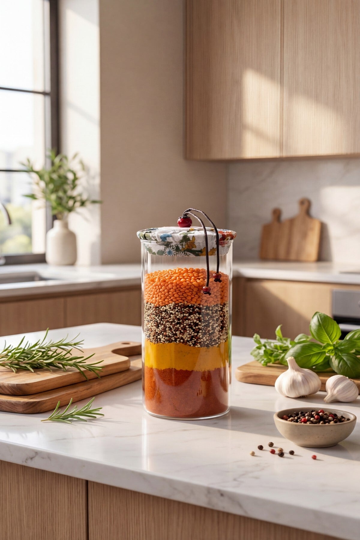 1000 ml Borosilikat Cam Hava Geçirmez Kumaş Kaplama Bambu Kapaklı Kavanoz, çap:8 cm, h:25 cm