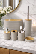 6 Parça Toprak Banyo Seti, Bambu Detaylı, 8L Çöp Kovası 24x26x16 cm