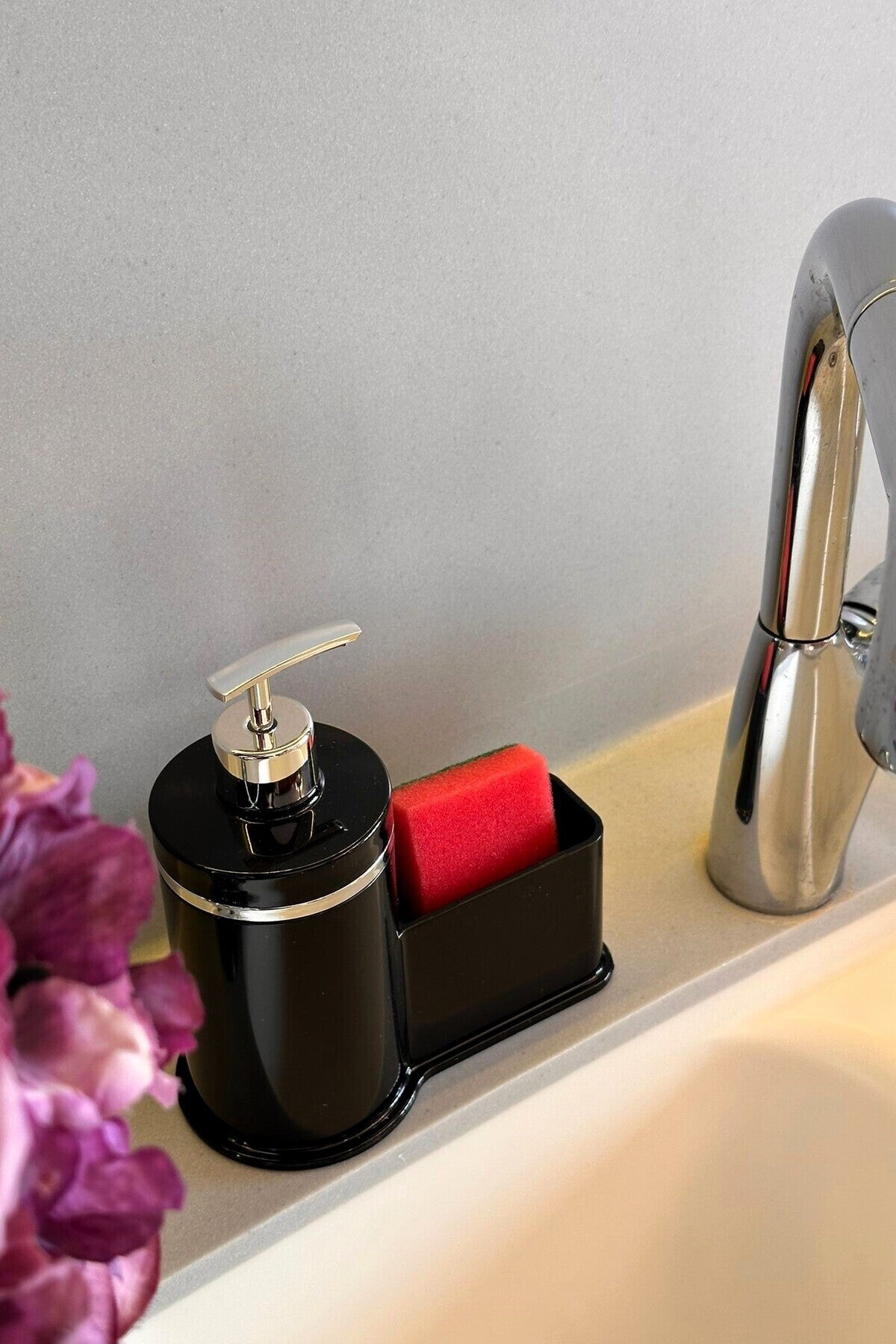 Mutfak Veya Banyo İçin Şık Gümüş Detaylı Süngerlikli Sıvı Sabunluk , Yerli Üretim