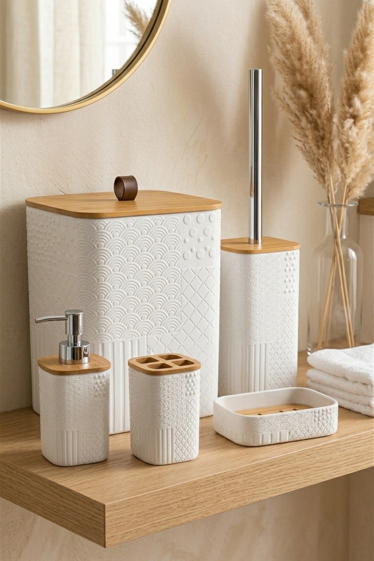 Bambu Detaylı 5 Parça Beyaz Banyo Seti, 21 x 19 x 25 cm