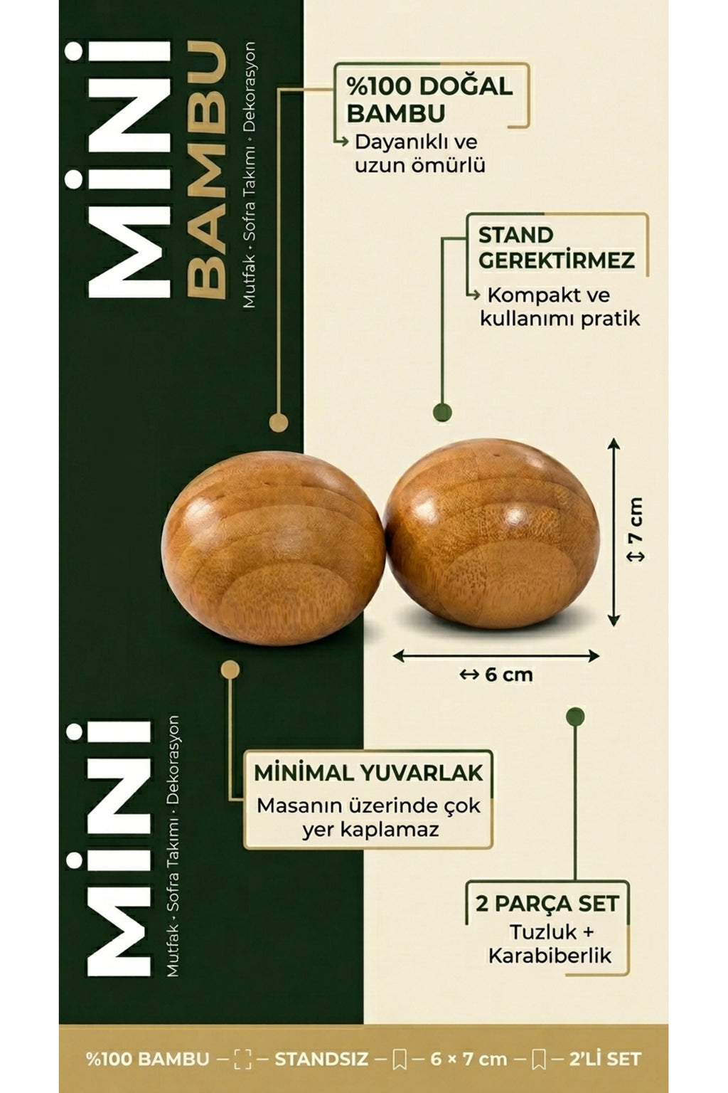 Yuvarlak Bambu Tuzluk & Karabiberlik Seti – Doğal Bambu Baharatlık