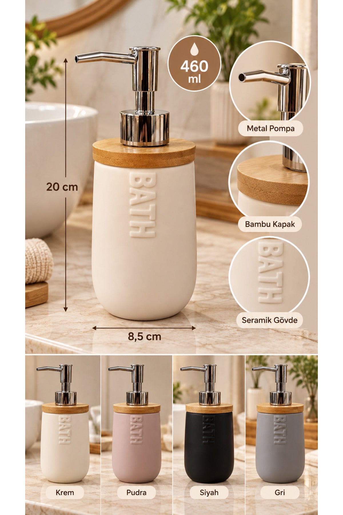 Seramik Sıvı Sabunluk Bambu Kapaklı 460 ml 8,5x20 cm