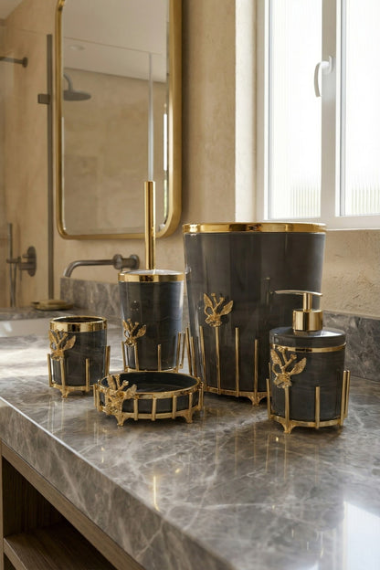 Gold Kaplama Metal Stantlı 5 Parça Mermer Desenli ve Düz Renk Seçenekli Banyo Aksesuar Takımı