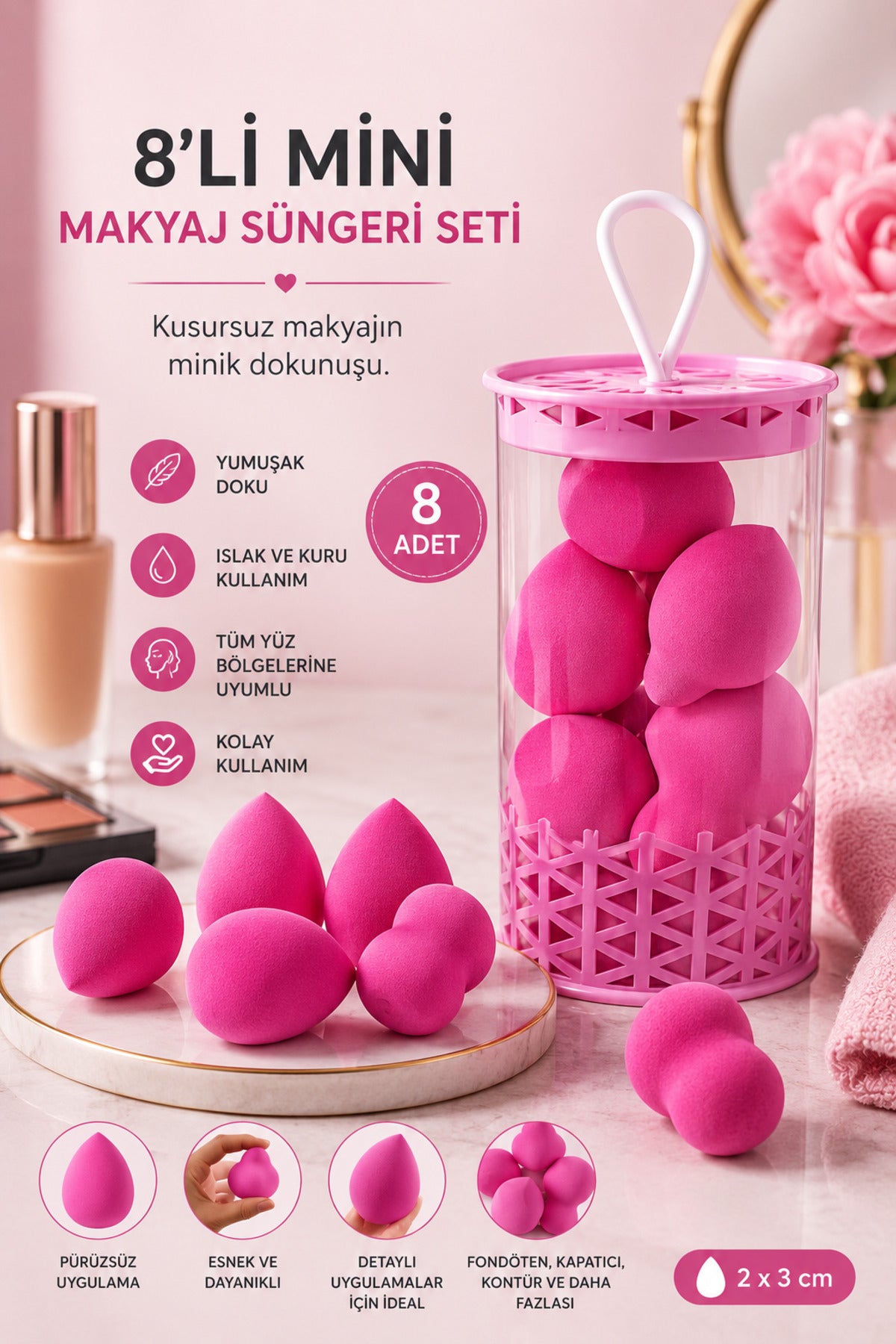 Mini Boy 8'li Koyu Pembe Makyaj Süngeri Seti- 2 cm x 3 cm Makyaj Uygulama Süngeri