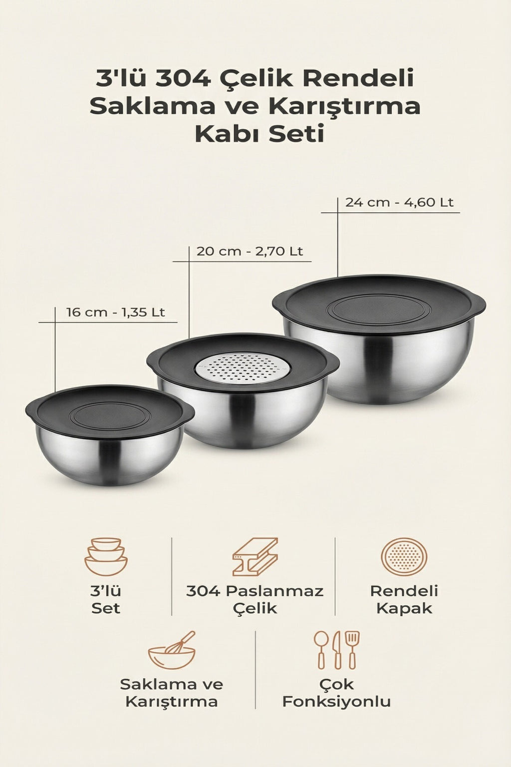 3'lü 304 Çelik Rendeli Saklama ve Karıştırma Kabı Seti (16 cm-1,35 Lt, 20 cm-2,70 Lt, 24 cm-4,60 Lt)