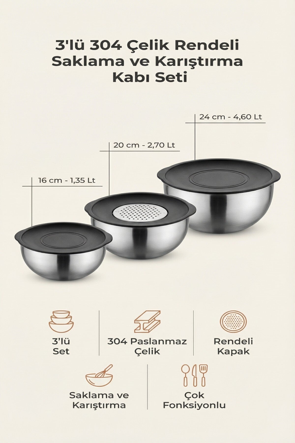 3'lü 304 Çelik Rendeli Saklama ve Karıştırma Kabı Seti (16 cm-1,35 Lt, 20 cm-2,70 Lt, 24 cm-4,60 Lt)
