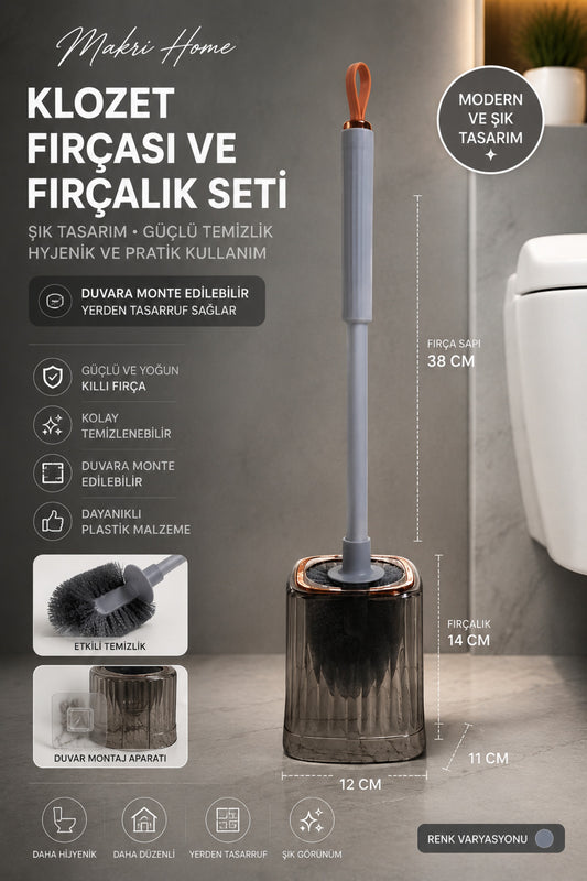 Duvara Monte Edilebilir Klozet Fırçası ve Fırçalık Seti, Sap, 51 cm