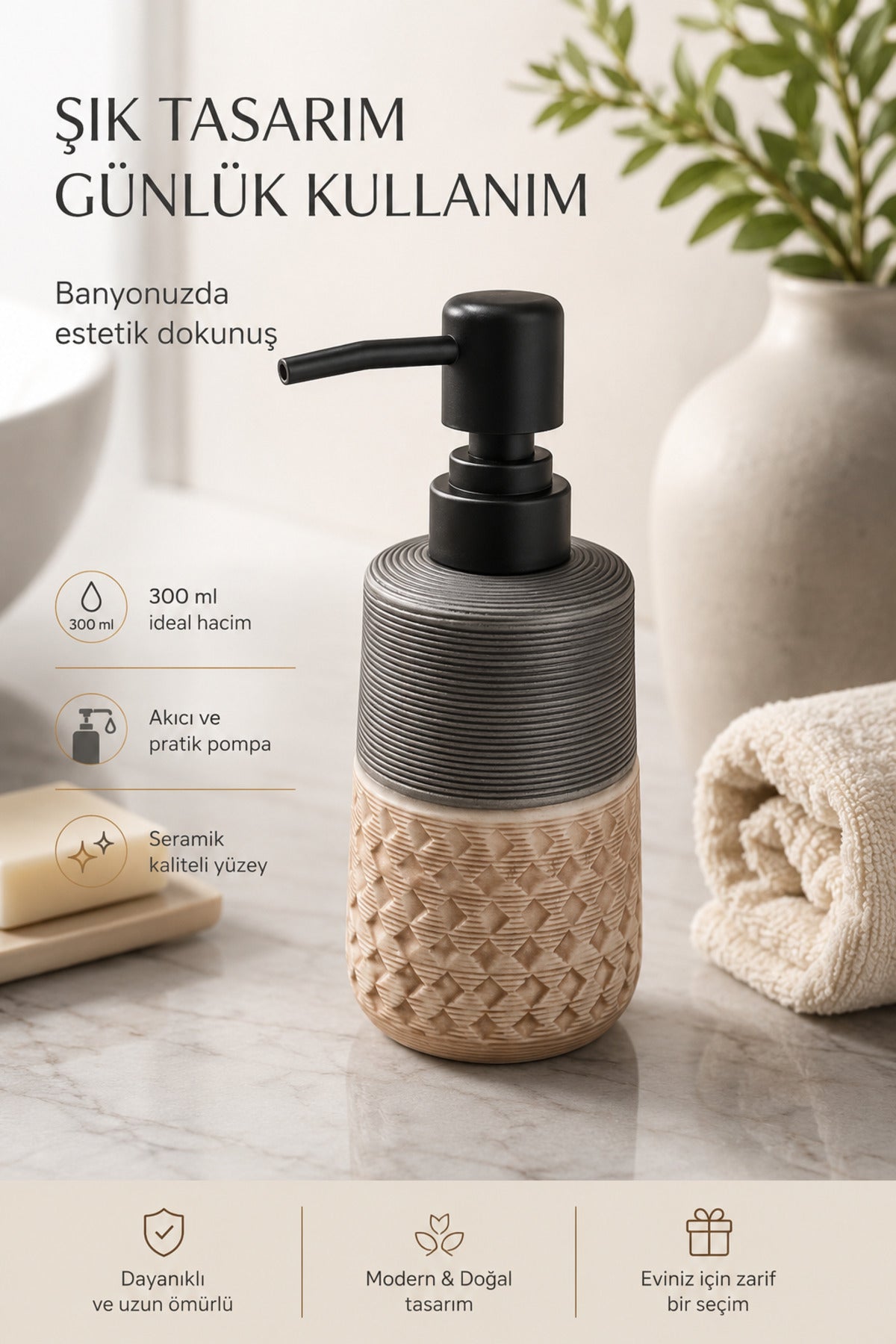 300 ml Seramik Lenora Sıvı Sabunluk, 7 cm çap, 18 cm yükseklik