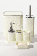 7 Parça Desenli Kare Click Kapaklı Beyaz Silver Banyo Seti, Hacim: 8 litre