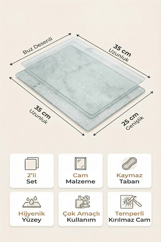 2'li Temperli Cam Kesme Tahtası 25x35 cm Buz Desenli Kaymaz