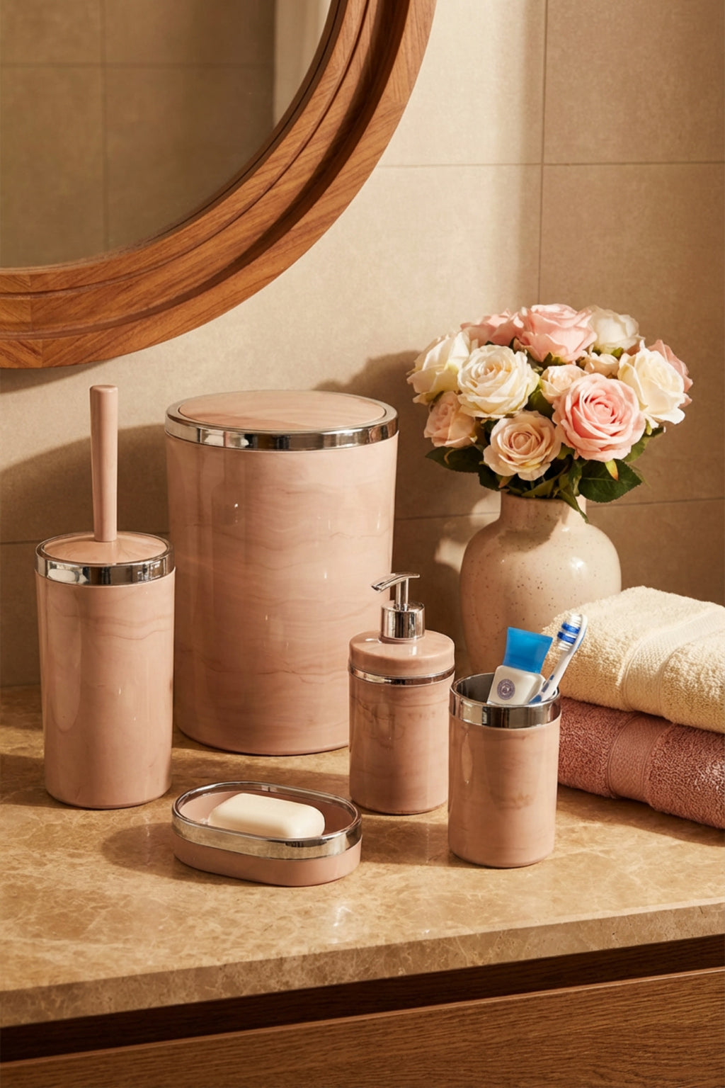 Banyo Seti 5'li,yuvarlak,akrilik-çöpkovası, Wcfırçalık,sıvı Sabunluk,diş Fırçalık,el Sabunluk