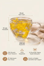 Sarı Çiçekli Çift Cidarlı Cam Kupa, 350 ml, 11 cm x 8 cm - görsel 2