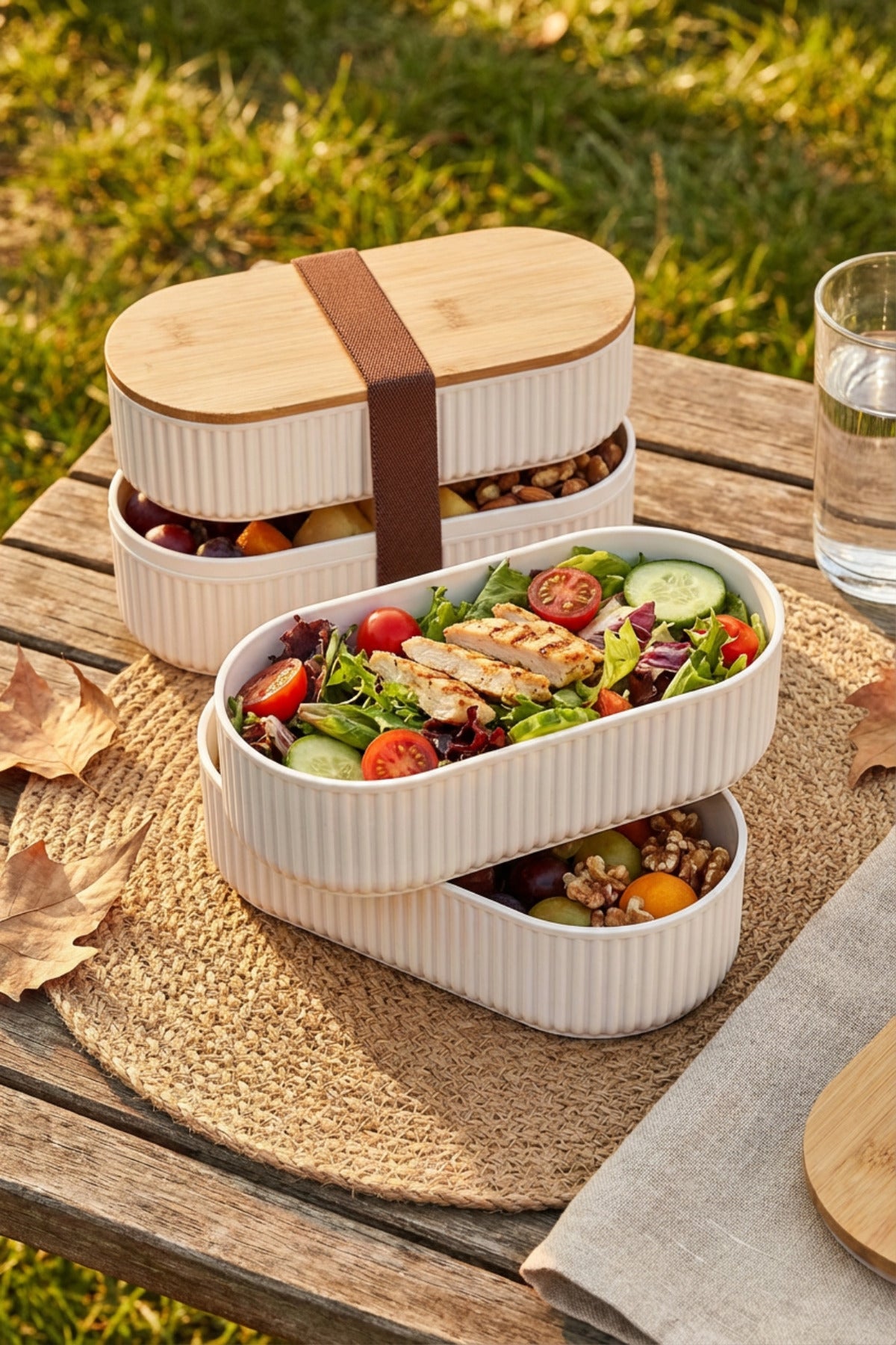 Bambu Kapaklı Saklama ve Beslenme Kutusu – 2 Katlı, 20 x 9 x 5,5 cm