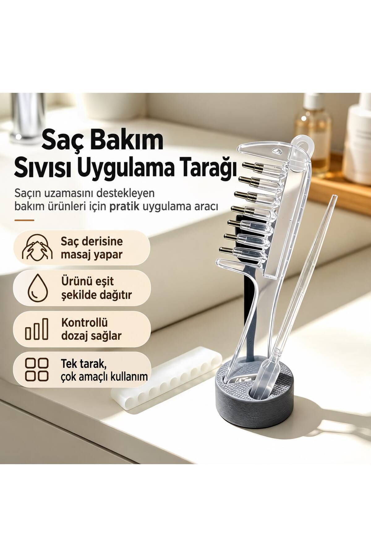 Saç Bakım Sıvısı Uygulama Tarağı – Bilyeli Masaj Uçlu, 10 ml Hazneli, Damlalıklı