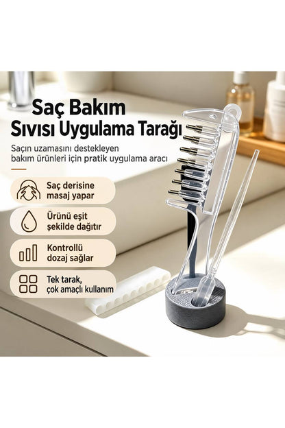 Saç Bakım Sıvısı Uygulama Tarağı – Bilyeli Masaj Uçlu, 10 ml Hazneli, Damlalıklı