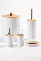 5 Parça Yuvarlak Banyo Seti, Bambu Kapaklı, Beyaz, Hacim: 7 litre