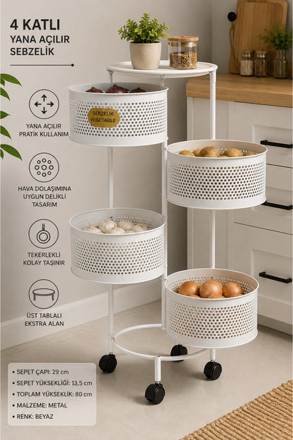 4 Katlı Yana Açılır Metal Sebzelik, Beyaz, Tekerlekli, Üst Tablalı, 80 cm