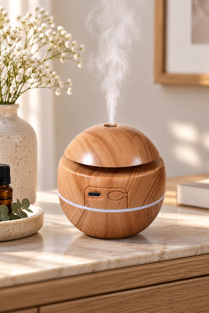 Küre Aroma Difüzörü Hava Nemlendirici USB Şarjlı Ahşap Görünümlü 10 cm – Bambu