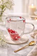 Kırmızı Beyaz Çiçekli Çift Cidarlı Cam Kupa, 350 ml, 11 cm x 8 cm