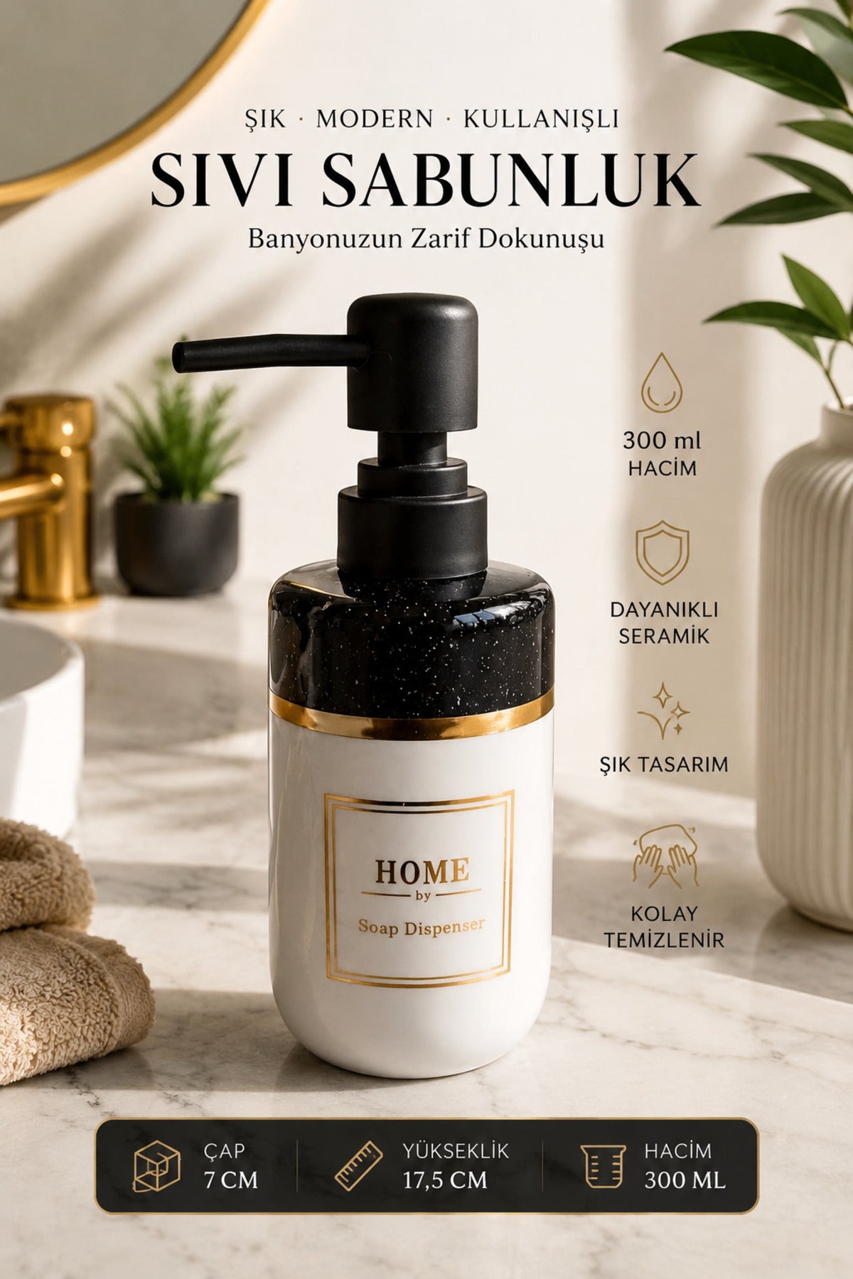 300 ml Seramik Lenora Sıvı Sabunluk, 7 cm çap, 18 cm yükseklik