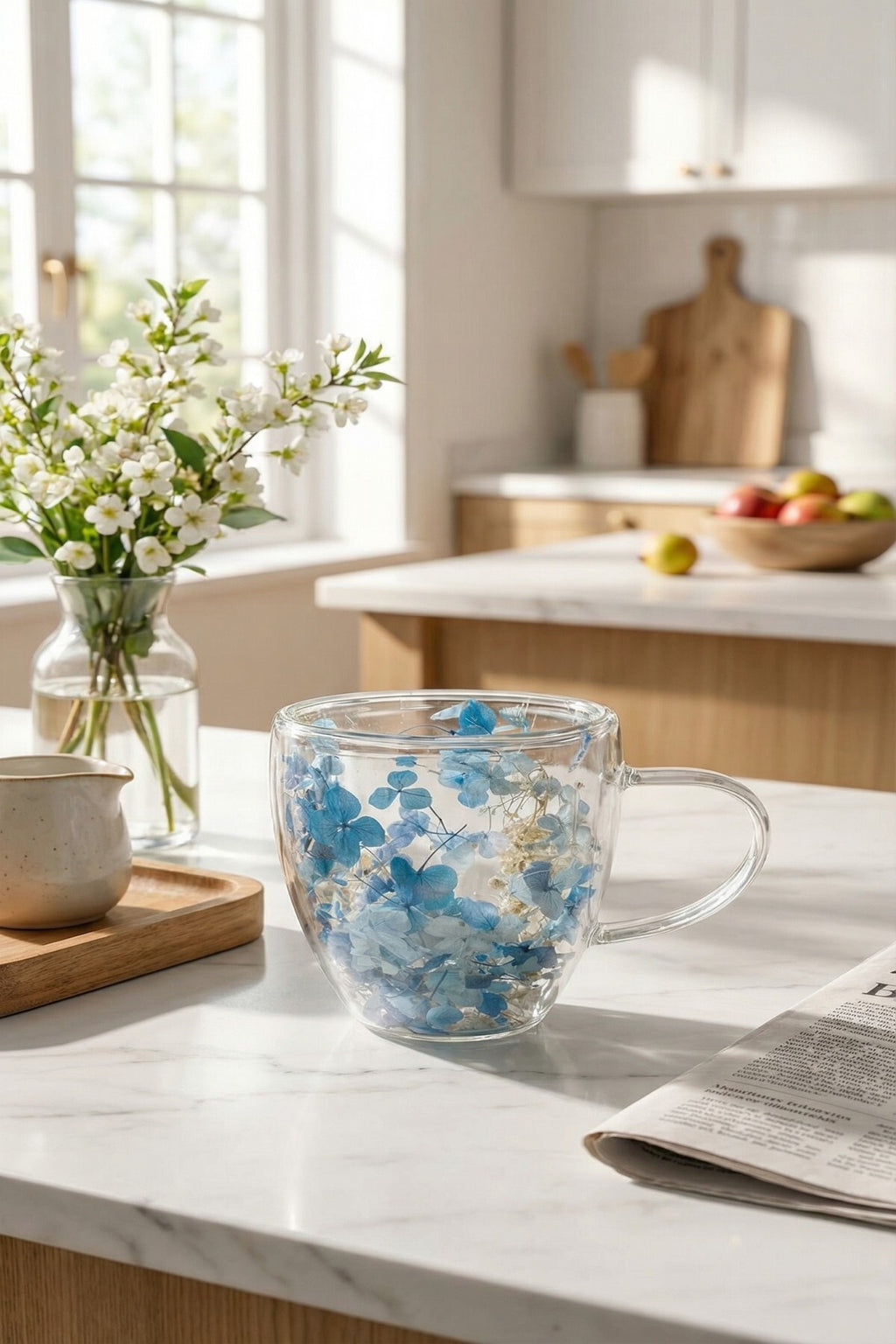 Mavi Çiçekli Çift Cidarlı Cam Kupa, 350 ml, 11 cm x 8 cm - görsel 3