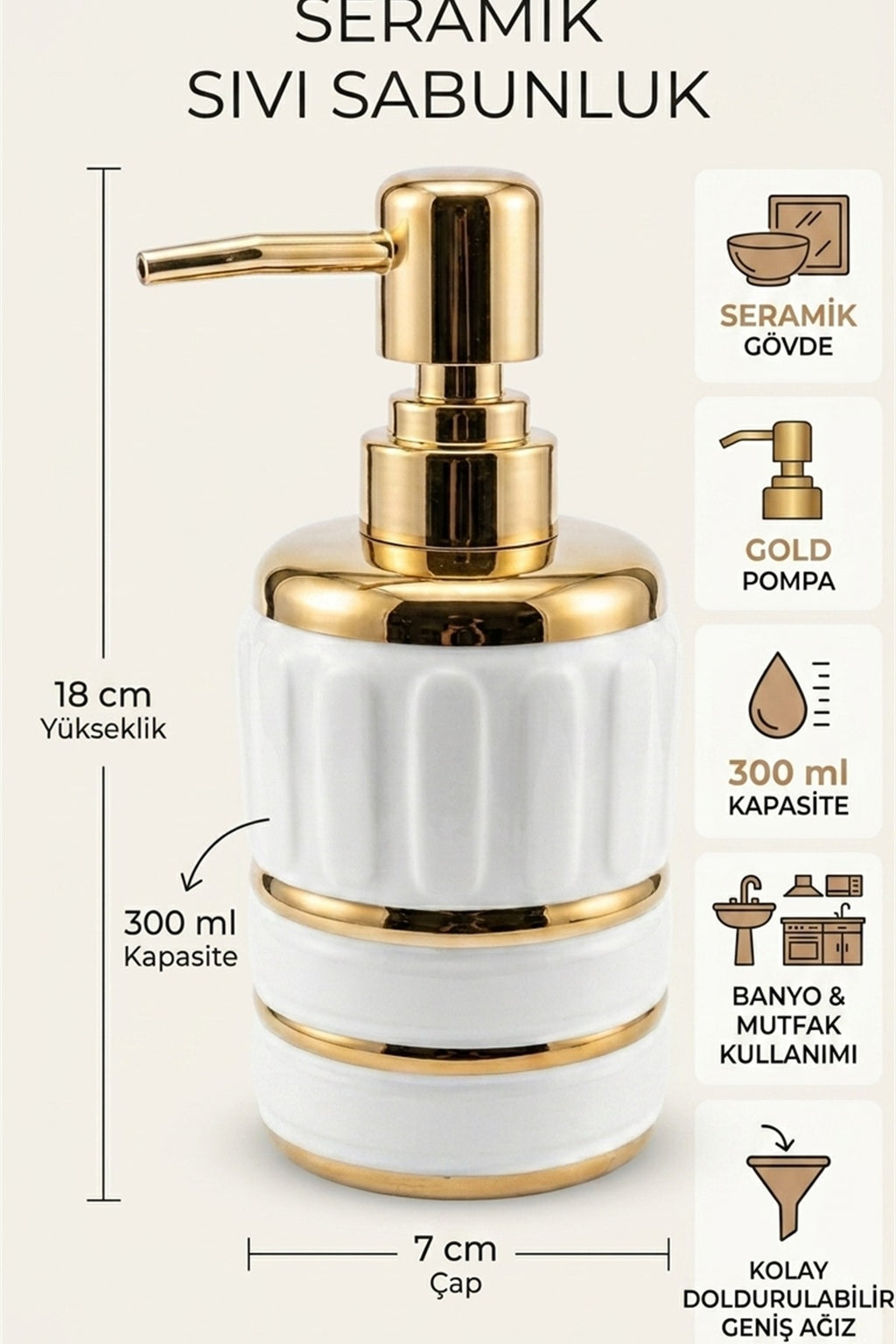 Seramik Sıvı Sabunluk, 300 ml, 7x18 cm - görsel 2