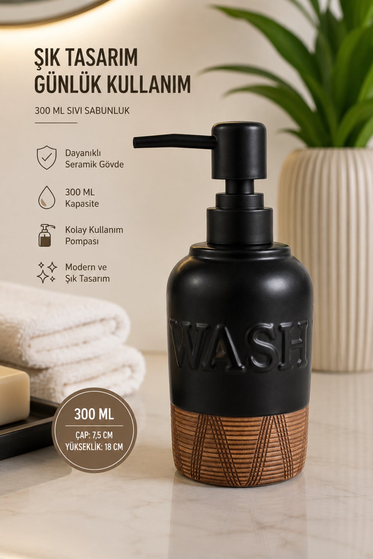 300 ml Seramik Lenora Sıvı Sabunluk, 7 cm çap, 18 cm yükseklik