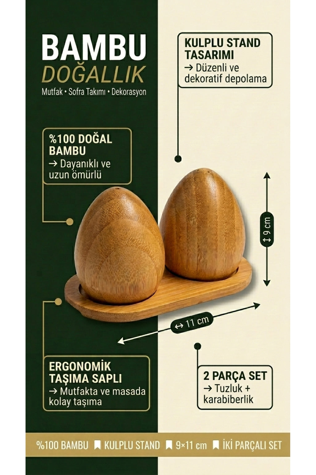 Bambu Tuzluk & Karabiberlik Seti, Damla Tasarım, Stantlı– Doğal Bambu Baharatlık