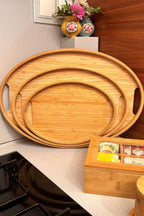 Bambu Oval 3'lü Tepsi Seti. Küçük Tepsi: 20x29 cm. Orta Tepsi: 26x36 cm. Büyük Tepsi: 31x45 cm