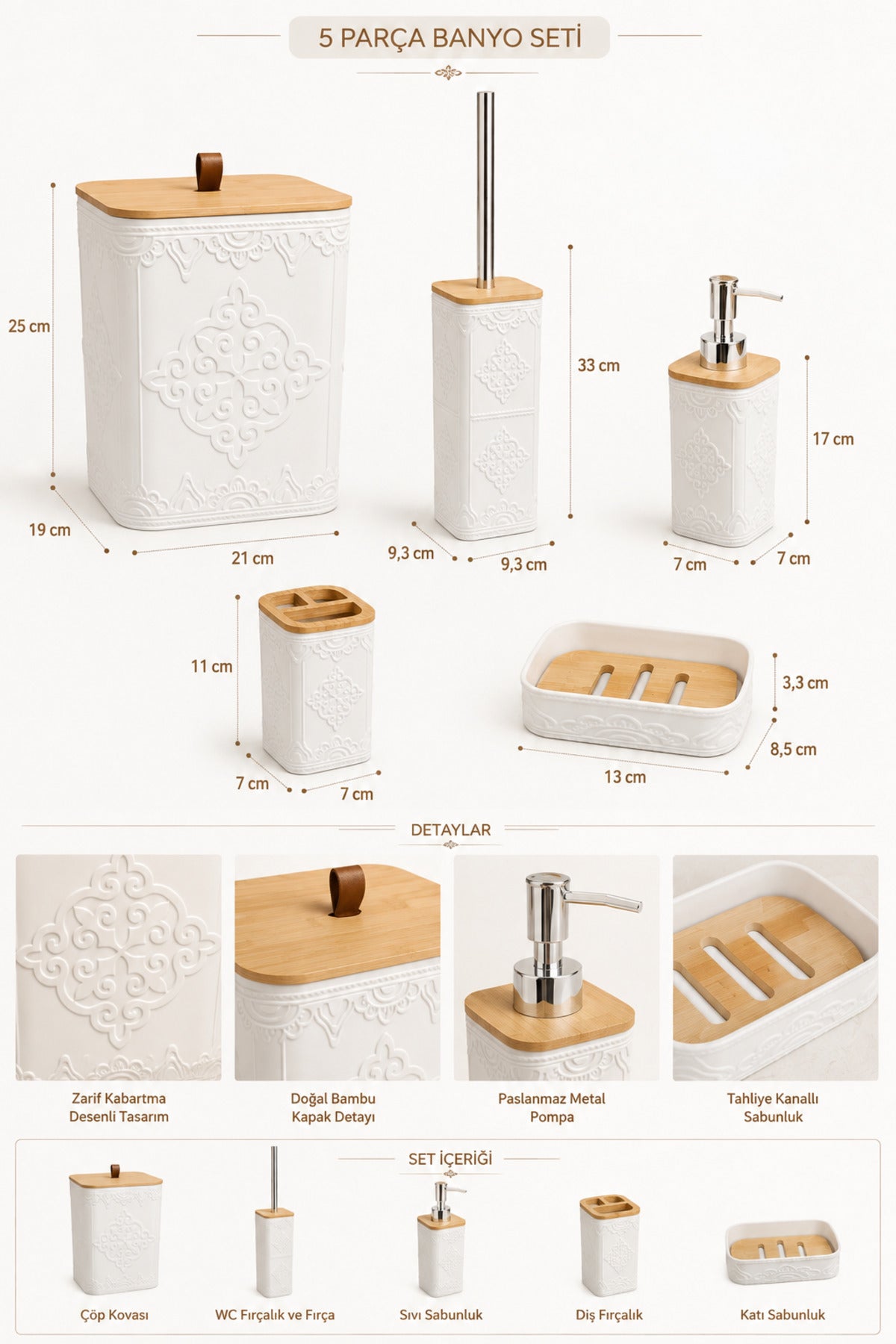 Doğal Bambu Detaylı 5 Parça Banyo Seti, 8 litre, 21 x 19 x 25 cm