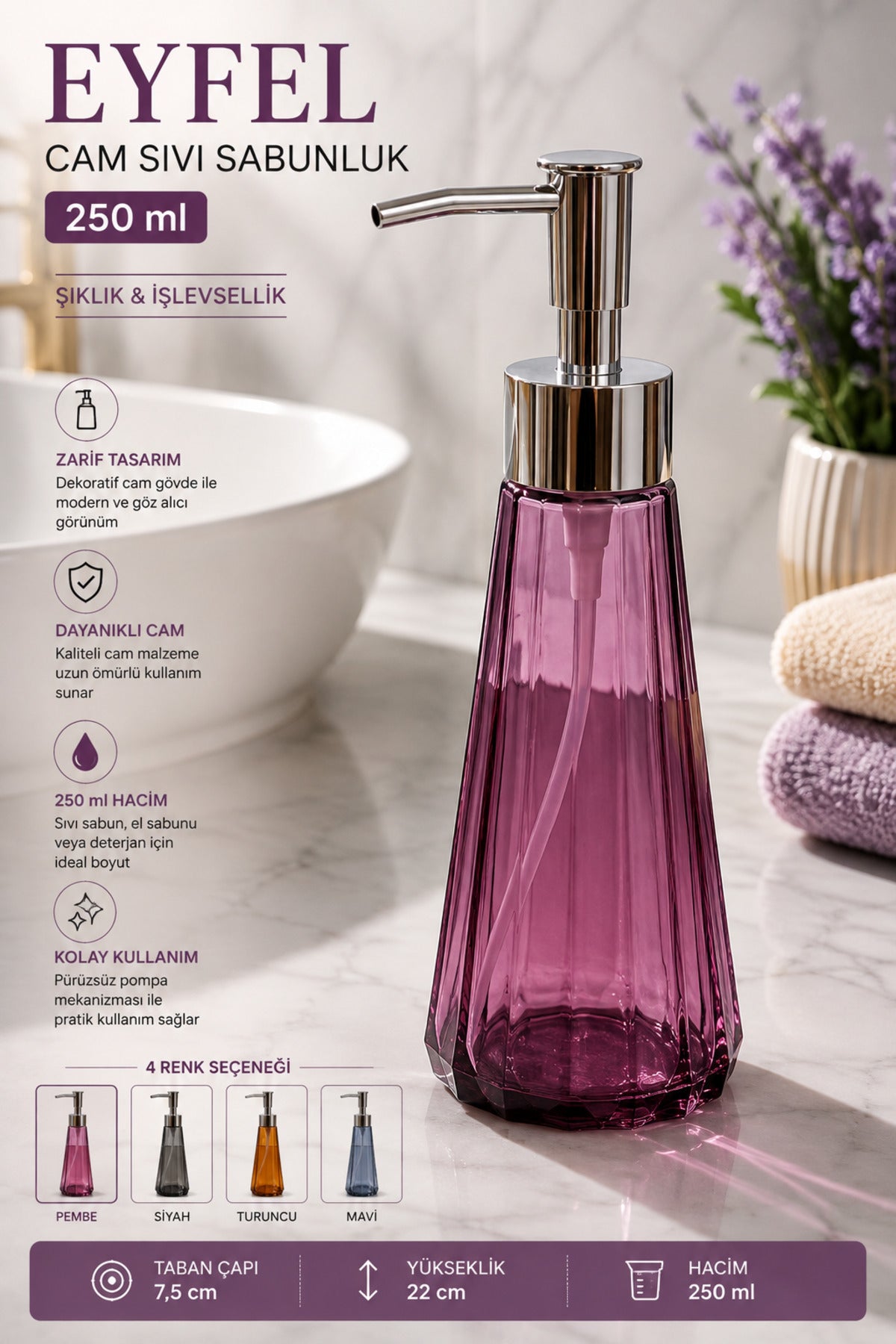 Eyfel Cam Sıvı Sabunluk 250 ml, 7,5x22 cm – Pembe