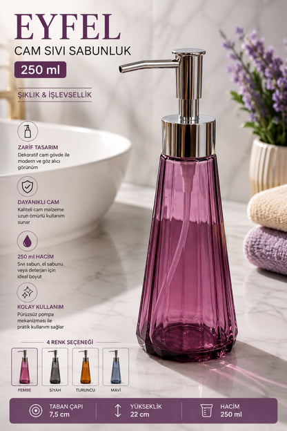 Eyfel Cam Sıvı Sabunluk 250 ml, 7,5x22 cm – Pembe