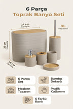 6 Parça Toprak Banyo Seti, Bambu Detaylı, 8L Çöp Kovası 24x26x16 cm - görsel 2