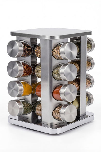 16'lı Döner Baharatlık Seti Krom Kare Stantlı 118 ml Cam Kavanoz – 360° Döner 29x20 cm