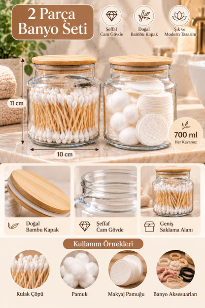 2 Parça Cam Banyo Seti Bambu Kapaklı 700 ml Pamukluk ve Kulak Çubuğu Kabı