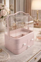 Pembe Makyaj Organizeri, 35x26x17,5 cm, 3 Çekmeceli, Şeffaf 90° İki Kapaklı
