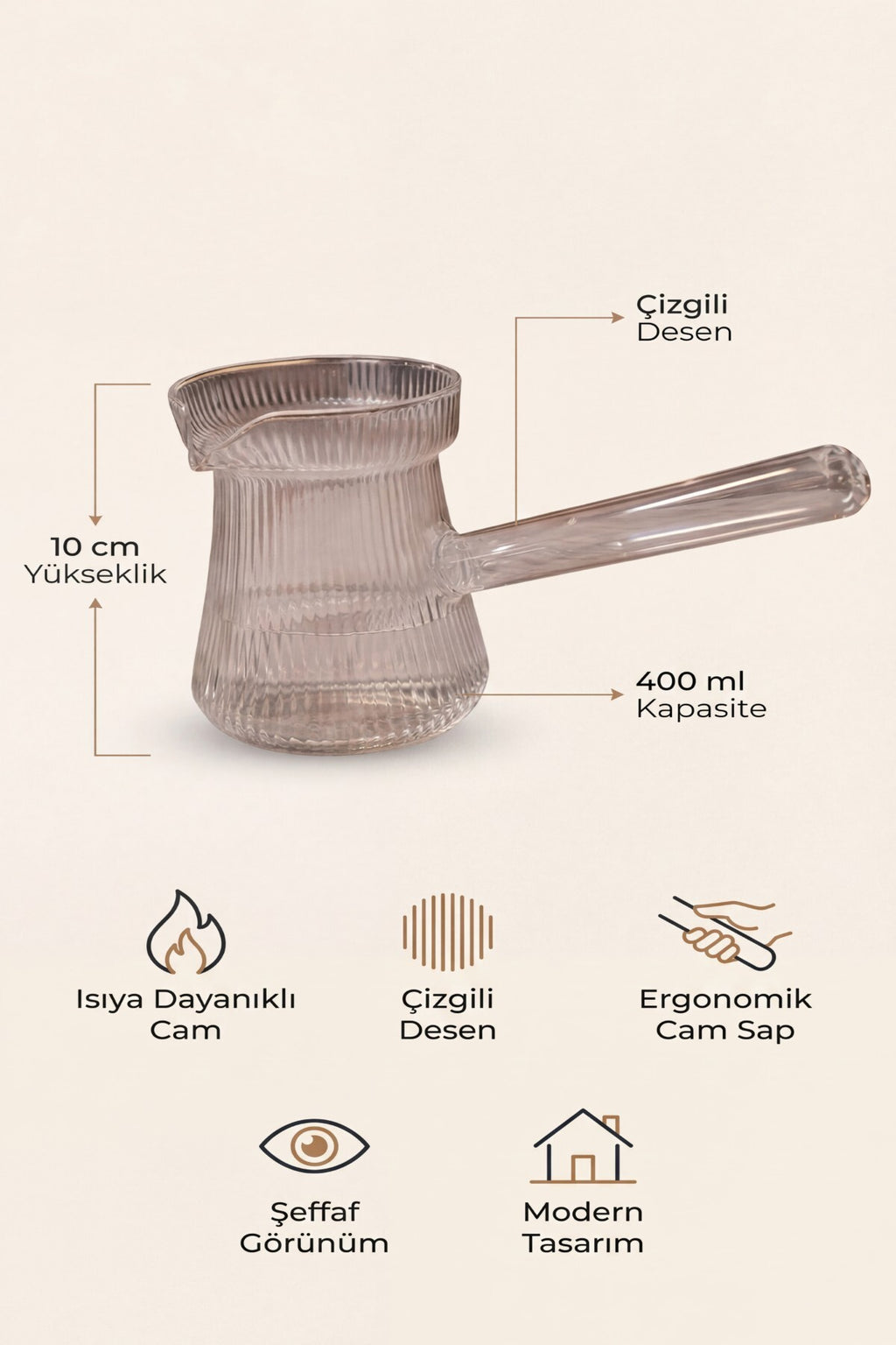 Isıya Dayanıklı Cam Cezve 400 ml, 10 cm Yükseklik, Cam Türk Kahvesi Cezvesi