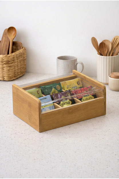 Bambu Çay Kutusu Şeffaf Kapaklı Poşet Çay Saklama Organizatörü Bölmeli Tea Box