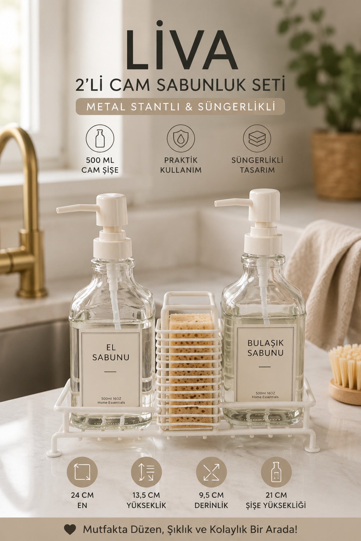 Liva 2’li Cam Sıvı Sabunluk Seti, Metal Stantlı, Süngerlikli, 2 x 500 ml, 24x9,5x23 cm. – Beyaz