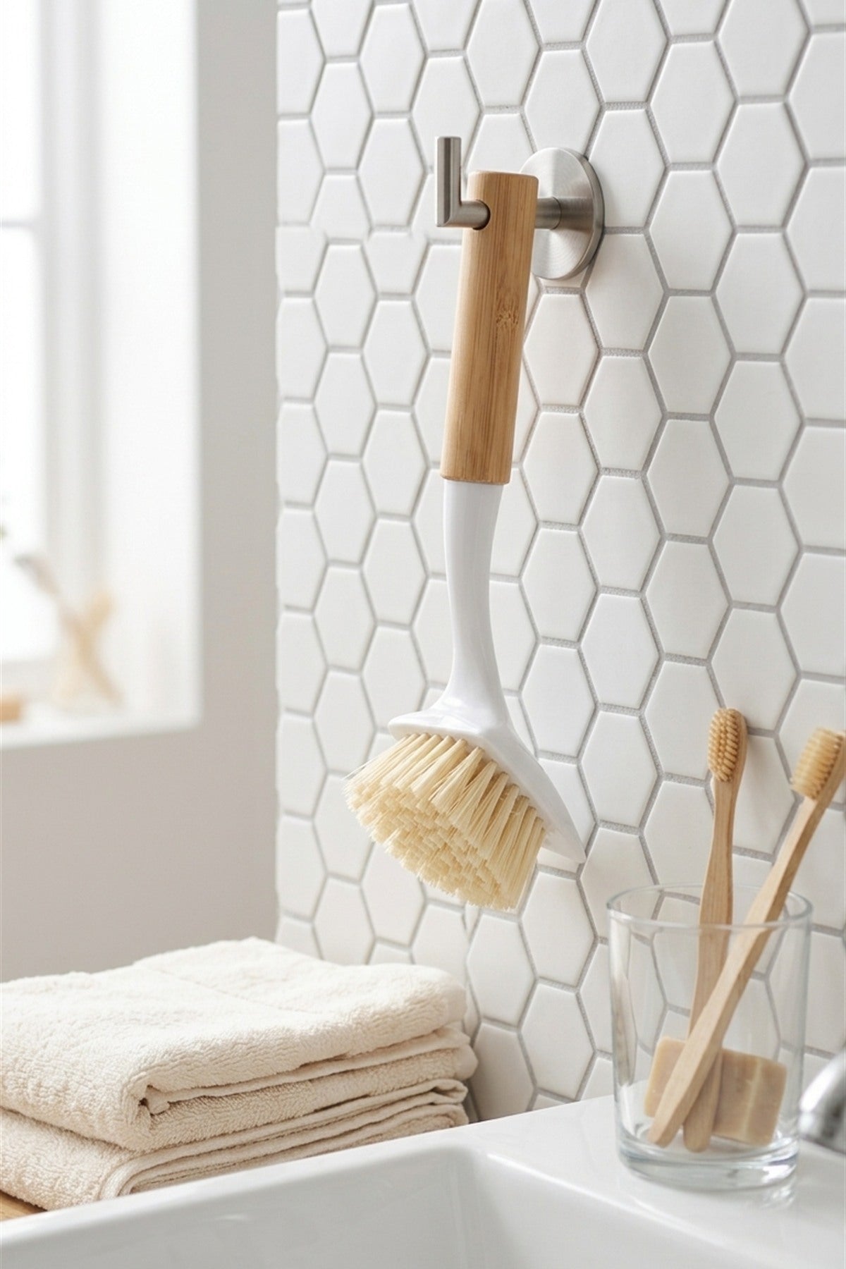 Bambu Saplı Kompakt Bulaşık ve Lavabo Temizleme Fırçası, Kısa Sap, 22 cm