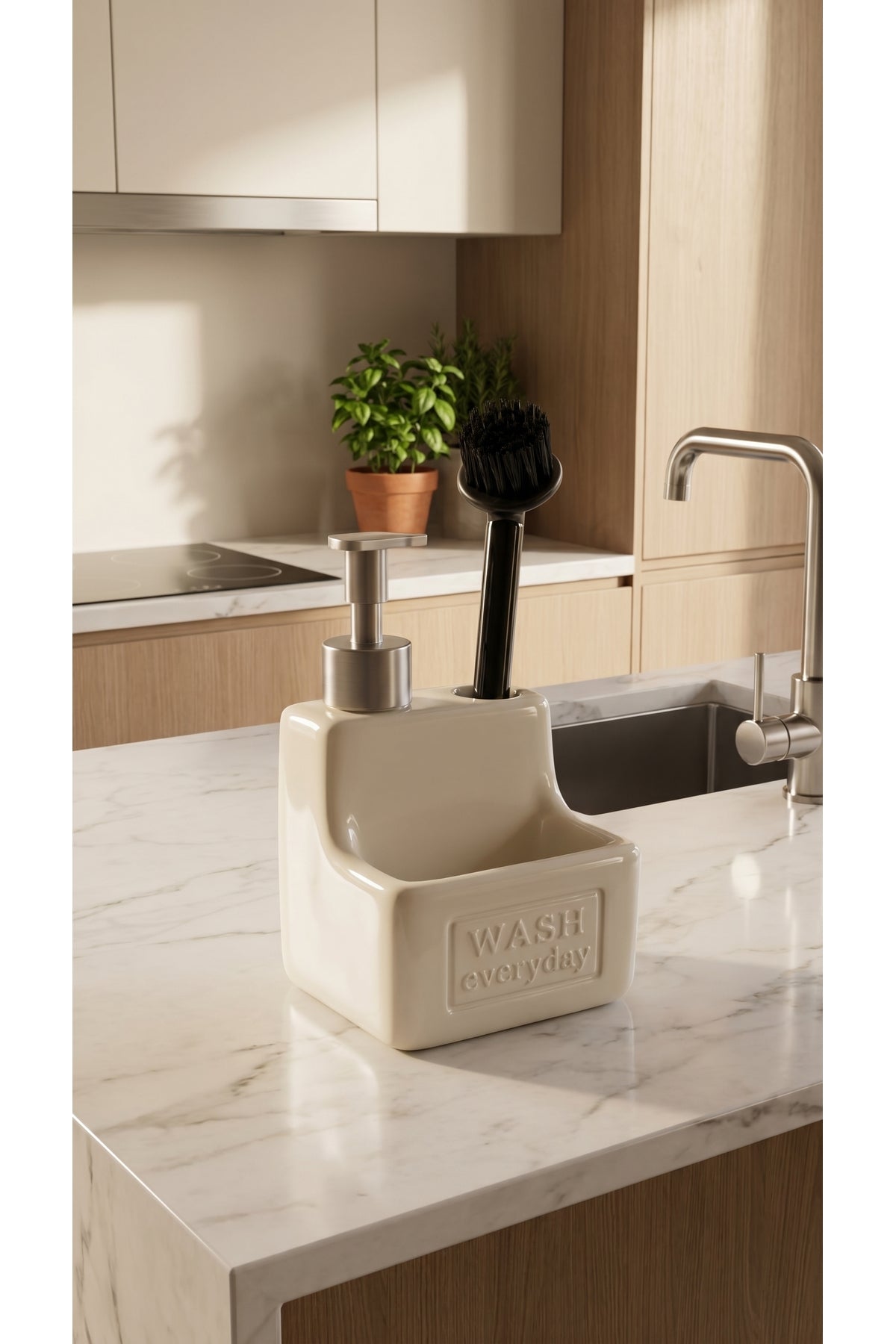 500 ml Seramik Sıvı Sabunluk Deterjanlık Fırçalık, 11x11x18 cm