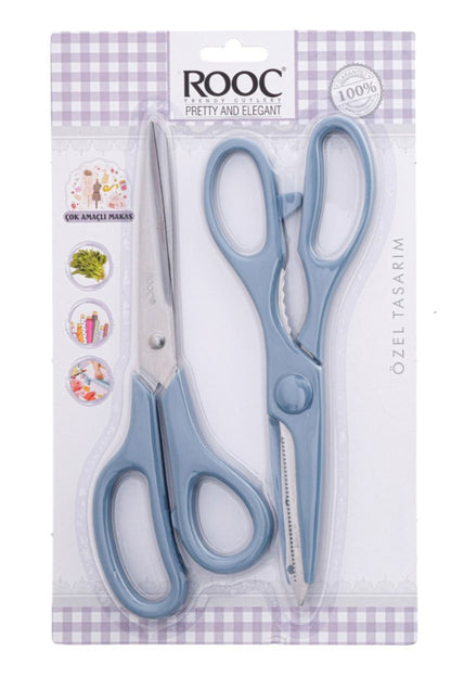 Tırtıklı Ağız 2'li Çok Amaçlı Makas Seti – Büyük Boy Mavi, 22 Cm