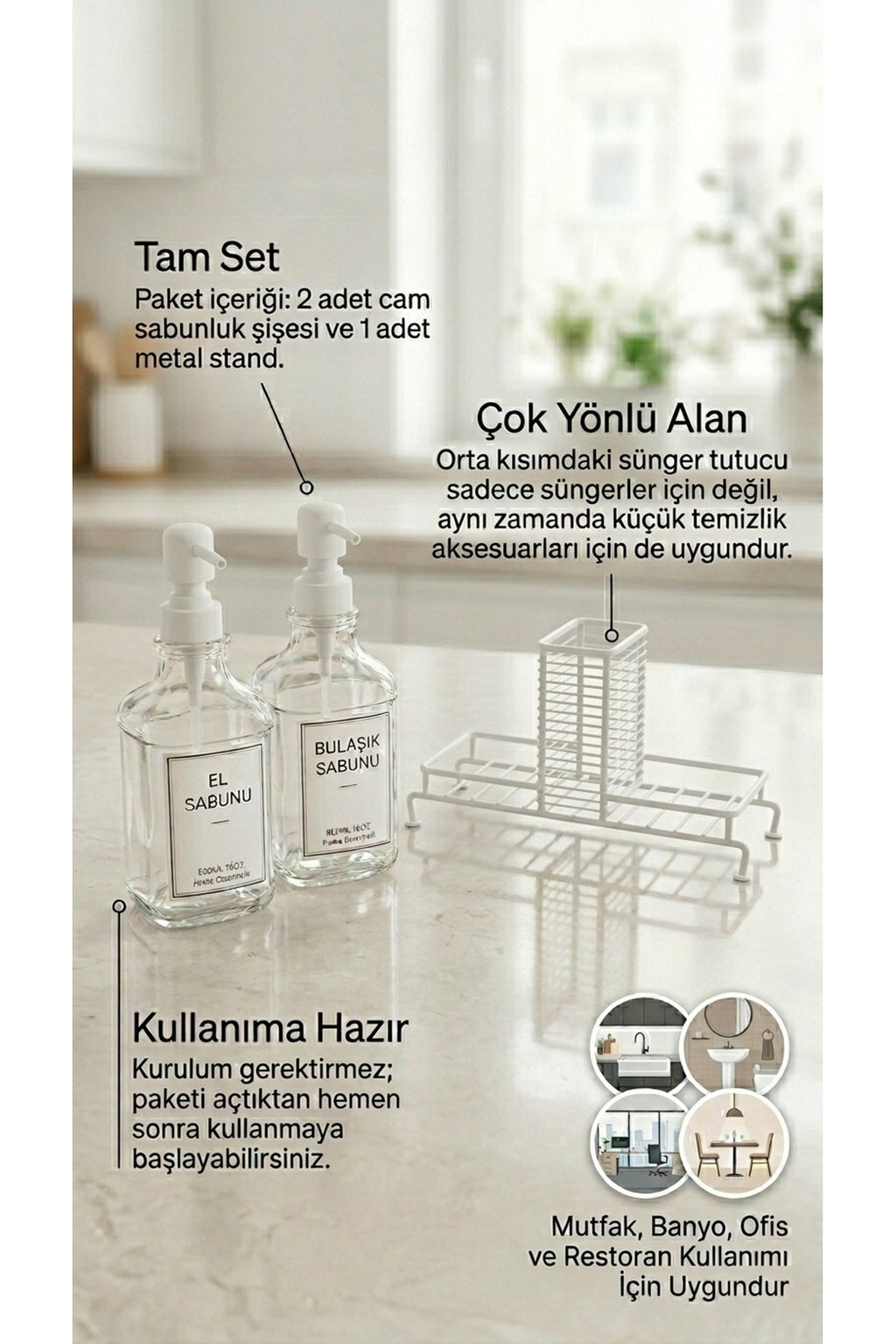 Premium Stantlı Cam Sıvı Sabunluk & Deterjanlık Seti – İkili (Süngerlik Bölmeli)