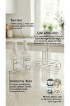 Premium Stantlı Cam Sıvı Sabunluk & Deterjanlık Seti – İkili (Süngerlik Bölmeli)